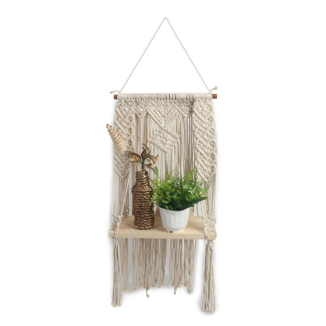Boho Chic Macrame Floating Shelf Handcrafted Wall Decor Accent